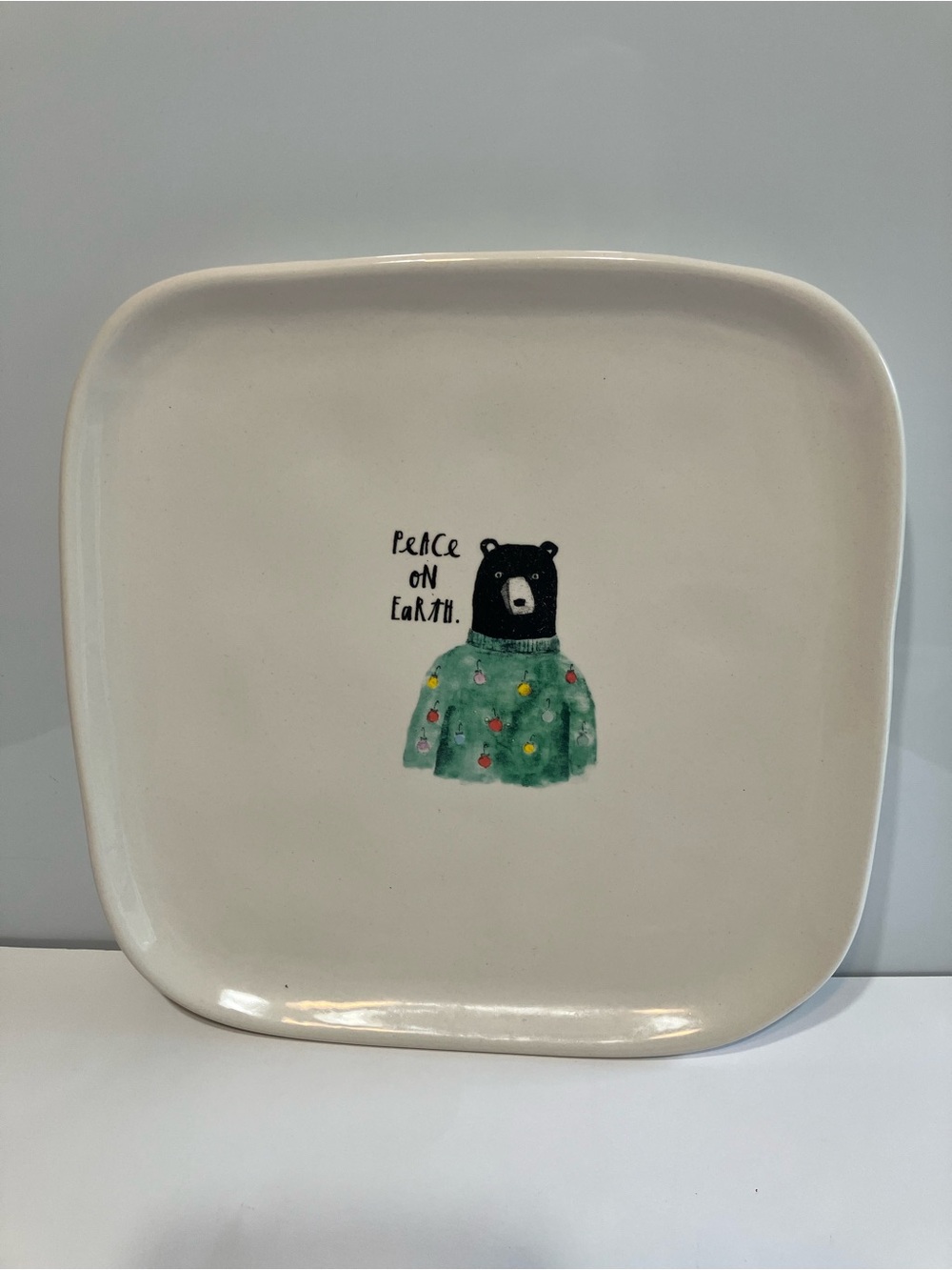 Rae Dunn Magenta Brand Christmas Bear Plate Platter Peace On Earth Green Sweater